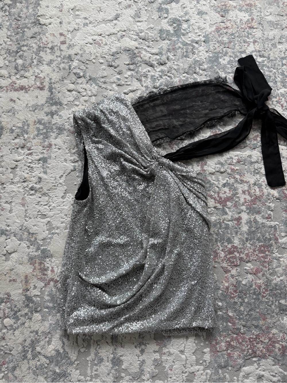 Robert Rodriguez Silver Sequin One-Shoulder Top with Black Tie Sleeve